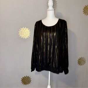 Elegant Women’s 2XL Black Metallic Gold Top Shirt Blouse L/S Lightweight